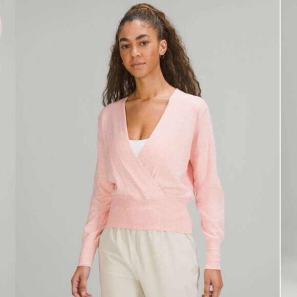 Lululemon Crossover Faux Wrap Cashmere Cotton Ribbed Sweater Top Knit Pink 10 - Picture 1 of 16